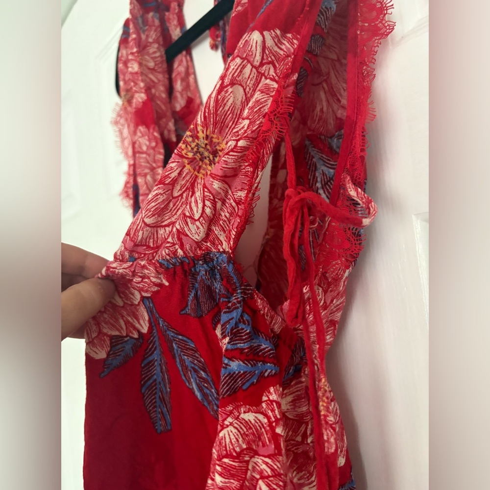 Free People Red Floral V-Neck Dress with Blue Accents - Picture 7 of 9